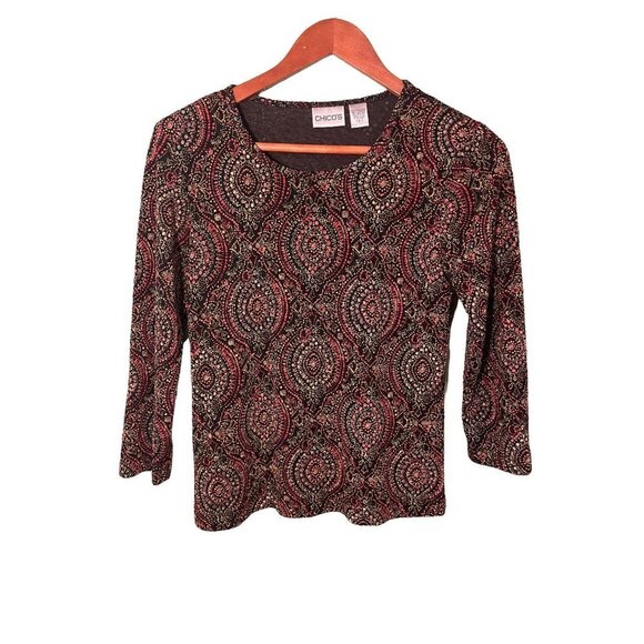 Chico's Patterned Multicolor Pullover Fitted Long Sleeve Top Sz S - Picture 1 of 8